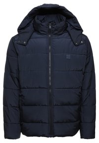 Marineblå dunjakke med lynlåslukning, quiltet design og en aftagelig hætte. Har trykknapper på hætten og en blød tekstur.