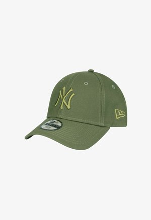 Olive green New Era 9FORTY adjustable cap with yellow embroidered New York Yankees logo on front and brand logo on side.