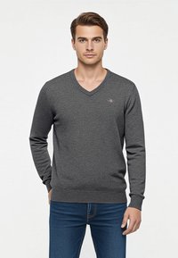 Maglione grigio a collo a V in maglia texturizzata con maniche lunghe. Presenta un piccolo logo sul petto ed è abbinato a jeans blu.