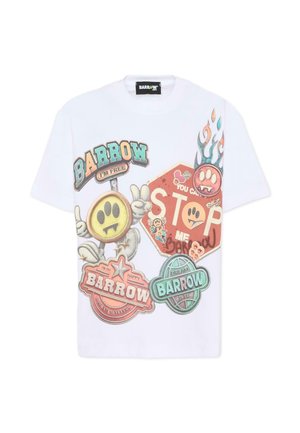 Wit katoenen T-shirt met kleurrijke grafische opdrukken. Bevat smileygezichten, slogans en logo's in verschillende vormen en kleuren. Korte mouwen.