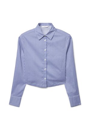 Camicia cropped a maniche lunghe con righe verticali blu e bianche, caratterizzata da un colletto classico e chiusura frontale con bottoni, realizzata in un tessuto leggero.