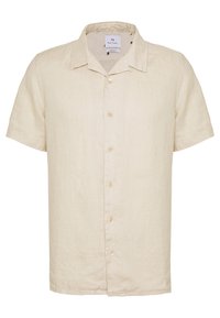 Camicia in lino beige a maniche corte con design abbottonato e colletto classico. Tessuto morbido con sottili fibre naturali visibili.
