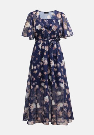 Lillelilledega tumesinine maksikleit, mis on valmistatud õrnast kangast, lühikeste flakoonkäiste, v-kaeluse ja seotud vöödetailiga.