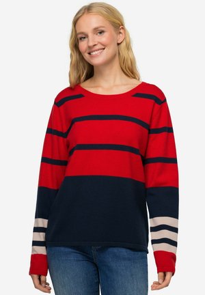 Maglione a righe rosse e blu navy con scollatura rotonda, maniche lunghe e una consistenza morbida. Presenta ampie righe orizzontali e una vestibilità comoda.