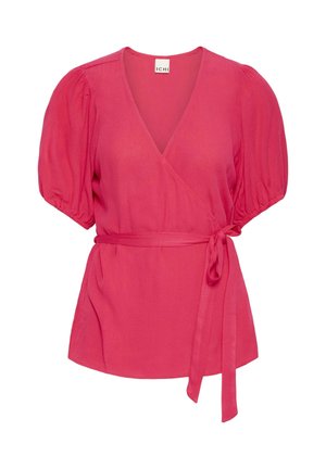 Blusa envolvente de color fucsia brillante con escote en V, mangas abullonadas y cinturón atado a la cintura.