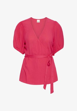 Világos rózsaszín átlapolt blúz V-nyakkivágással, puffos ujjakkal és megkötős derékövvel.