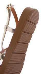 Sole in gomma marrone con scanalature orizzontali, cinturini metallici dorati e parte superiore in plastica trasparente. Presenta una fibbia per fissarla al piede.