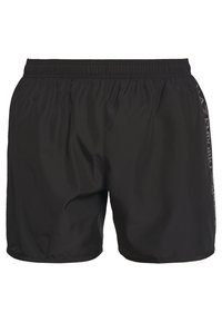 Black athletic shorts made of lightweight fabric, featuring an elastic waistband and a logo accent on the left side. Straight-cut design.