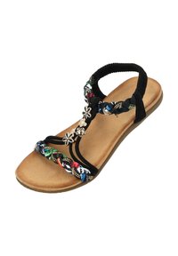 Czarne japonki z plecionymi, wielokolorowymi paskami, kwiatowymi akcentami i wyściełan�ą, taninową wkładką. Lekka konstrukcja z elastyczną podeszwą.