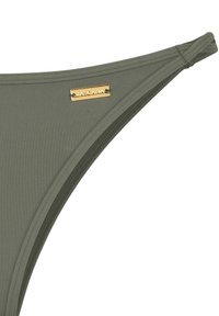 Green bikini bottom with a smooth texture, featuring a gold metallic logo tag. Design includes minimal stitching and slim side straps.