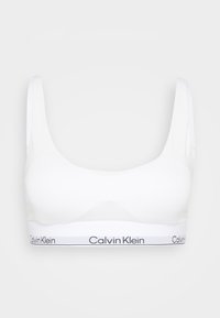 Bijela braletica s širokim naramenicama, zaobljenim izrezom i bijelim pojasom na kojem je crnim slovima ispisan natpis "Calvin Klein". Glatka tekstura i minimalistički dizajn.