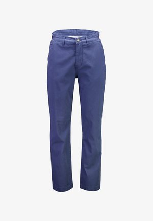 Blue cotton trousers with a straight-leg design, belt loops, waistband with elastic, front pockets, and a button closure.