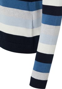 Pull rayé en bleu, marine, gris clair et blanc. Tissu tricoté avec poignets et ourlet côtelés. Présente des rayures horizontales de largeur variable.