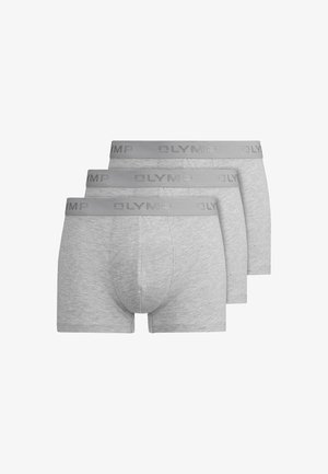 Szare bawełniane bokserki w opakowaniu po trzy, z miękkim elastycznym pasem w talii z logo "OLYMP". Prosty design, bez wzorów.