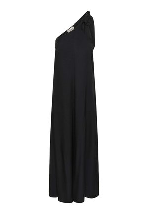 Abito lungo nero monospalla con pantaloni a gamba larga e dettaglio fiocco sulla spalla.