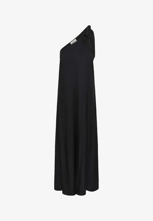 Abito lungo nero monospalla con pantaloni a gamba larga e dettaglio fiocco sulla spalla.
