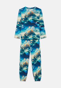 Pyjama-set met lange mouwen, met een blauw ruimte-thema print van planeten en wolken. Gemaakt van zachte stof; elastische manchetten op de broek.