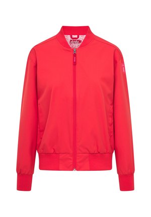 Chaqueta bomber roja con cremallera frontal, puños y dobladillo acanalados. Fabricada en una tela suave, presenta un parche de logo en la manga y forro estampado.