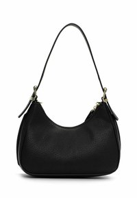 Black leather handbag with a rounded shape, textured surface, short strap, and gold-tone hardware accents. Zippered closure at the top.