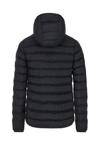 Zwarte pufferjack met capuchon, met horizontaal quilted secties, een gladde textuur en elastische manchetten. Achteraanzicht toont geen zichtbare hardware.