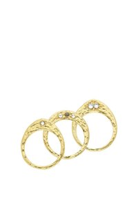 Set of three rings featuring a textured gold finish, each accented with different gemstones. They have a round shape with a polished look.