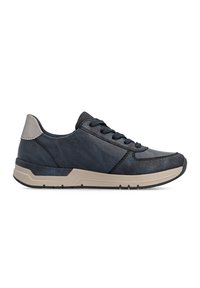 Baskets bleu foncé avec lacets noirs, semelle beige et col gris au talon, présentées de profil sur fond blanc.