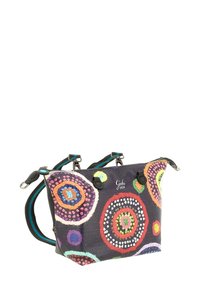 Borsa a spalla colorata con motivo, caratterizzata da una superficie testurizzata e da disegni circolari in vari colori. Include manici doppi e tracolle regolabili.
