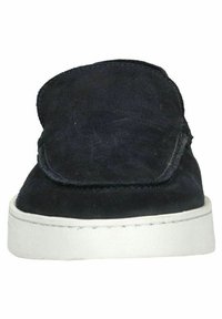 Dark blue suede slip-on shoe with a rounded toe, white rubber sole, and visible stitching accent on the upper. Simple and streamlined design.