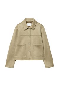 Beige dessa jacka i mocka med en spetsig krage, framknäppning med knappar och två stora påsydda fickor. Designen har en rak skärning och långa ärmar.