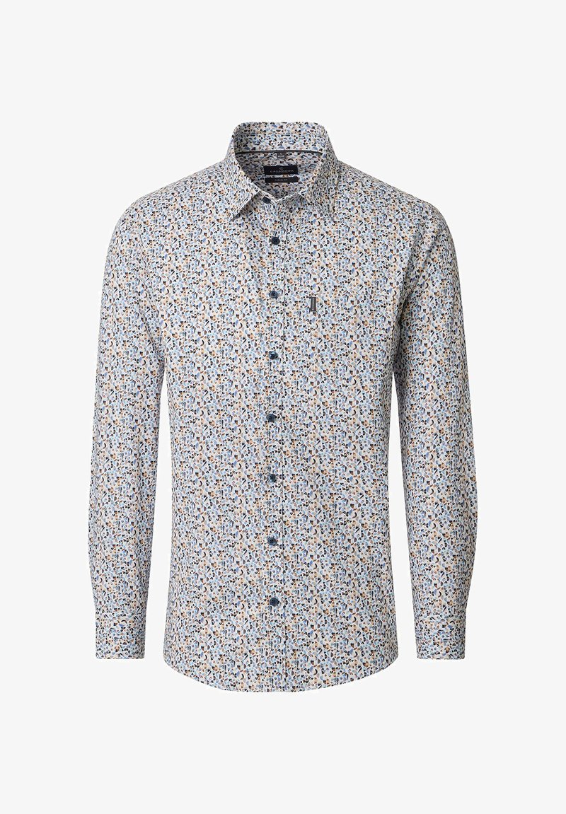 Button-up shirt in light blue fabric with a colorful geometric pattern. Features long sleeves, a collar, and a chest pocket. Seven buttons, contrasting accents.