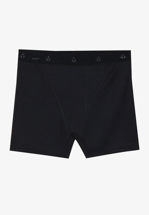 Un boxer noir avec une texture côtelée, doté d'une taille élastique ornée d'un motif discret et d'une coupe mi-cuisse.