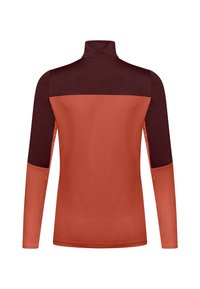 Langärmliges Oberteil mit hohem Kragen, farblich abgestimmtem Design in verschiedenen Orangetönen und dunklem Burgunderrot, mit glatter Textur und figurbetonter Form.