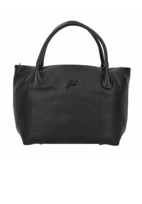 Bolso de mano de cuero negro con un acabado texturizado, asas dobles y cierre con cremallera. Incluye un sutil logotipo en la parte frontal. Diseño compacto y estructurado.