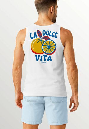 Men's white tank top featuring a multicolored graphic of an orange and lemon with “LA DOLCE VITA” in bold blue lettering.