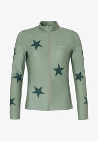 Chaqueta verde con cremallera y cuello alto, que presenta grandes patrones de estrellas en un tono verde oscuro y una textura suave. Logo en el pecho, mangas largas.