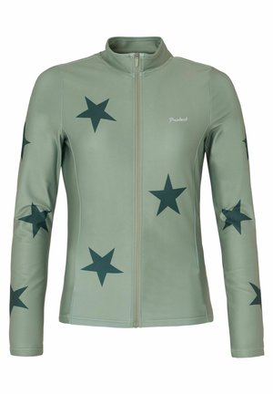 Grüne Zip-Jacke mit hohem Kragen, versehen mit großen dunkelgrünen Sternmustern und einer glatten Oberfläche. Logo auf der Brust, lange Ärmel.