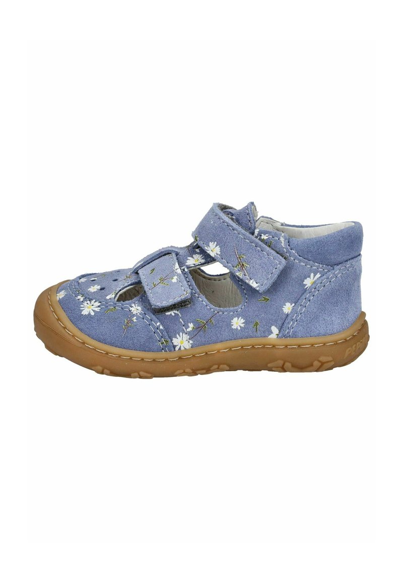 Zapato infantil de ante azul con bordado floral, dos correas de velcro ajustables y una suela de goma marrón con un patrón texturizado.