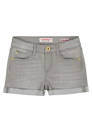 Short en jean gris clair avec ourlets roulés, bouton devant, passants pour ceinture et poches avant avec rivets dorés, étiquette de marque Vingino à l’intérieur de la ceinture.
