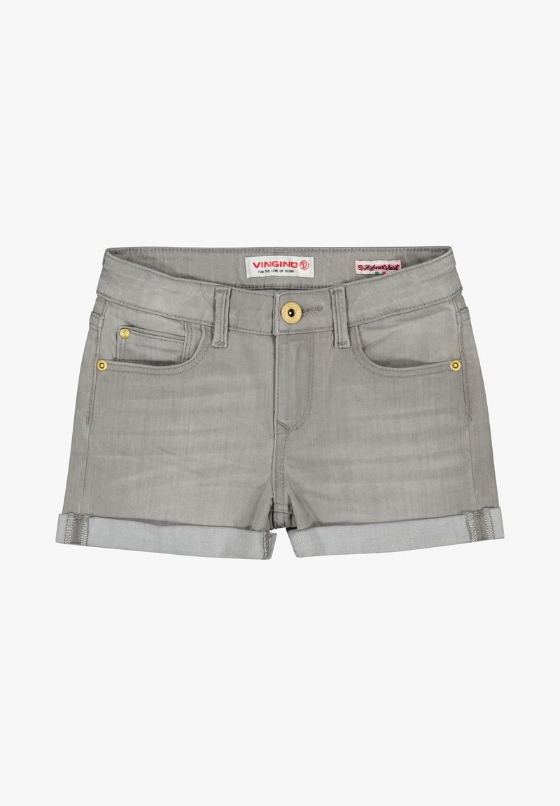 Short en jean gris clair avec ourlets roulés, bouton devant, passants pour ceinture et poches avant avec rivets dorés, étiquette de marque Vingino à l’intérieur de la ceinture.