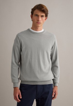 Giovane uomo con capelli castano chiaro che indossa un maglione a maniche lunghe grigio chiaro sopra una camicia bianca e pantaloni blu scuro, su uno sfondo neutro.