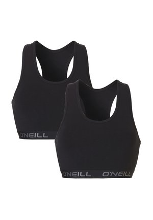 Zwarte sportbeha's met een racerback-ontwerp, voorzien van een brede elastische band met "O'Neill" in zilveren letters. Gemaakt van glad, rekbaar materiaal.