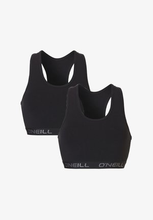 Zwarte sportbeha's met een racerback-ontwerp, voorzien van een brede elastische band met "O'Neill" in zilveren letters. Gemaakt van glad, rekbaar materiaal.