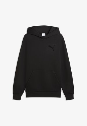 Svart långärmad hoodie med en framfickan i kengurustil och en subtil svart Puma-logotyp på bröstet, visad på vit bakgrund.