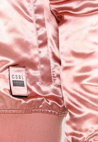 Bomberjacke aus Satin in Hellrosa mit geripptem Saum. Verfügt über ein schwarzes Etikett mit weißem Text; glatte, glänzende Textur und geraffte Ärmel.