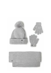 Gray knit beanie with pom-pom, matching gloves, and a scarf. All have a textured finish and decorative black hardware accents.