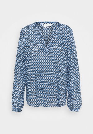 Blauwe blouse met lange mouwen met zwart-wit ruitpatroon, V-hals en geplooide manchetten.