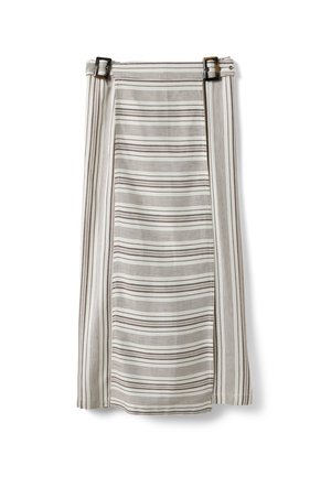 White midi skirt with vertical and horizontal thin brown stripes, featuring two buckled waist straps.