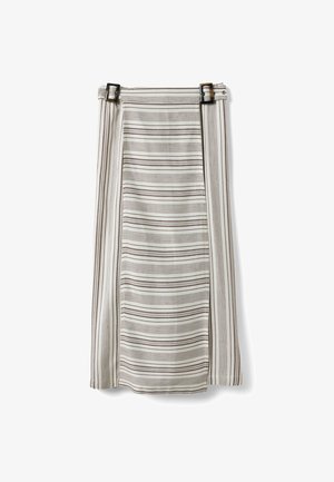 White midi skirt with vertical and horizontal thin brown stripes, featuring two buckled waist straps.