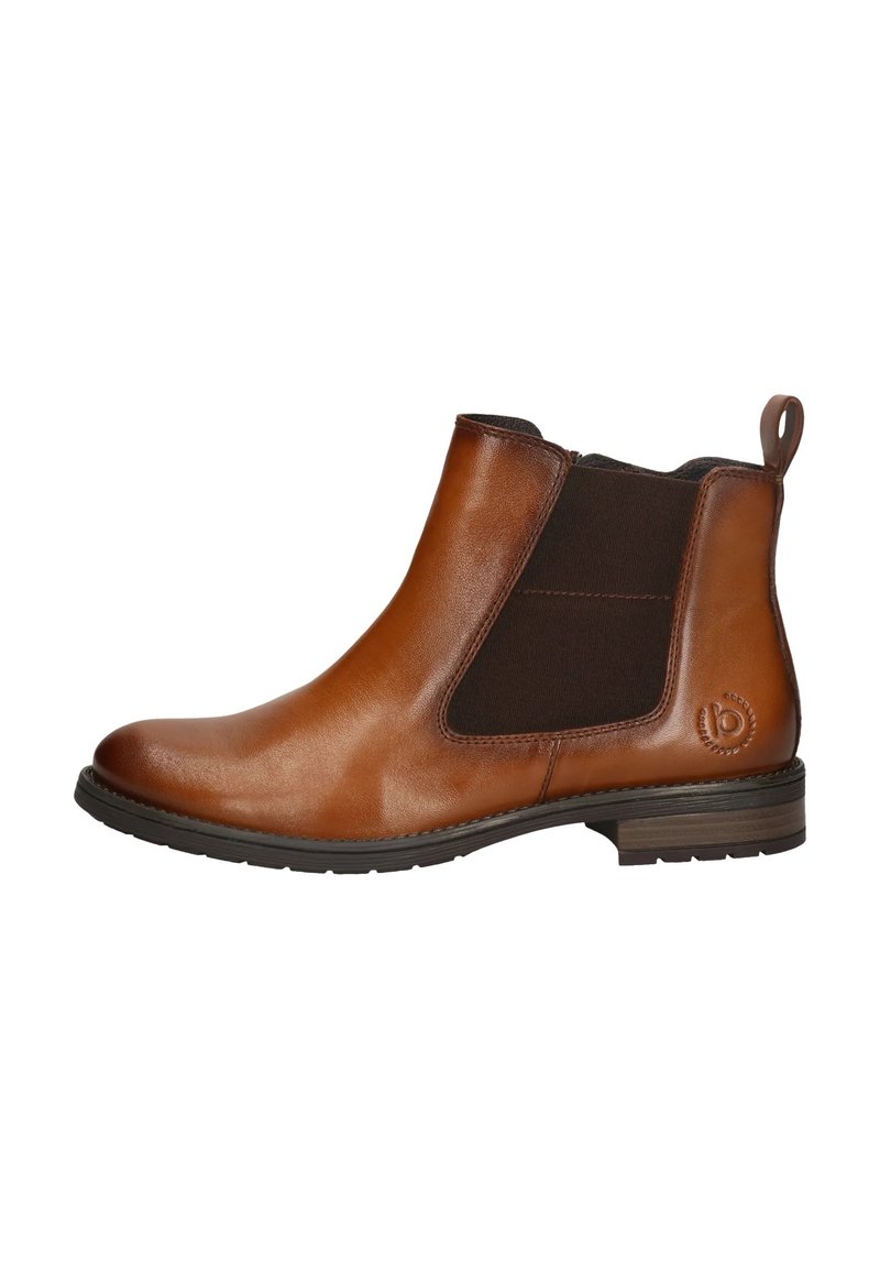 Brown leather Chelsea boot with elastic side panels and a pull tab, featuring a textured upper and a low stacked heel.