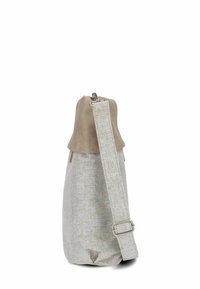 Borsa di tessuto beige con parte superiore in pelle marrone chiaro liscia, tracolla regolabile e cerniera. Caratterizzata da una texture sottile e un design sobrio.